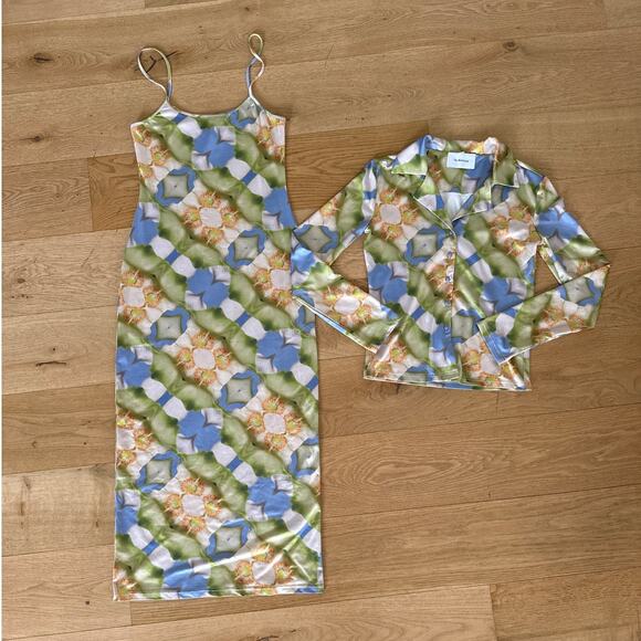 The Wolf Gang - Sierra Midi Slip Dress and Shirt in Blue Green & White - Picture 1 of 7